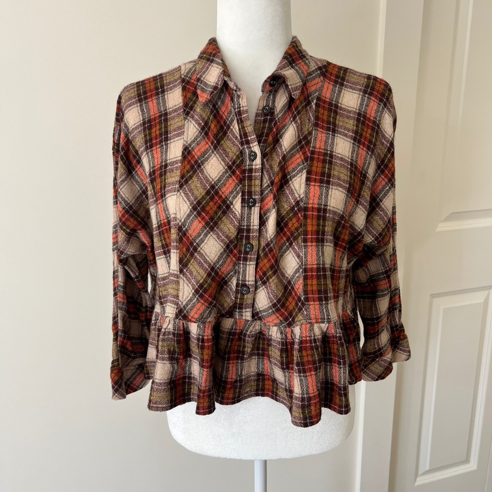 Free People Plaid Cropped Flannel Top Peplum Button Down Shirt Small